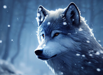 majestic wolf in snow forest portrait , digital illustration