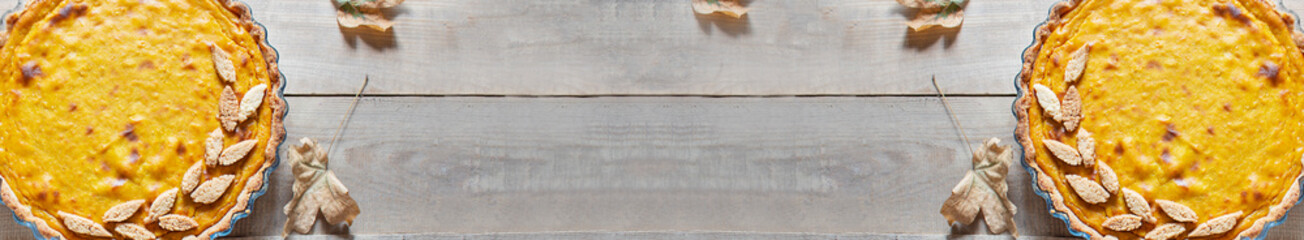 Pumpkin pie. View from above. Banner. copy space