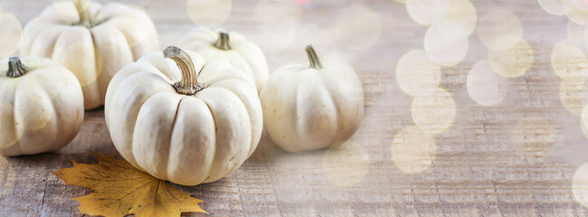 Pumpkin white on a wooden background. Pumpkins. bokeh. Thanksgiving Day. Banner. copy space