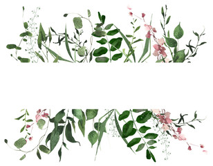 Fototapeta na wymiar Watercolor painted greenery rectangle frame on white background. Green wild plants, branches, leaves and twigs.