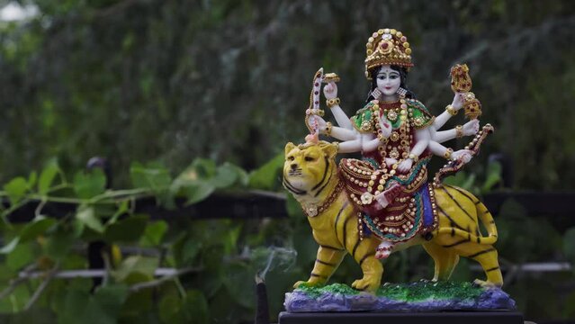 Goddess Durga with traditional look in close up view. Durga Puja Idol, A biggest Hindu Navratri festival in India