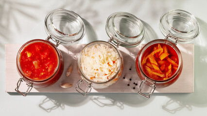 Probiotic food. Pickled or fermented vegetables. Lecho, sauerkraut, ajvar in glass jars on a white board on a blue background with shadows. Home food preserving or canning. Close up