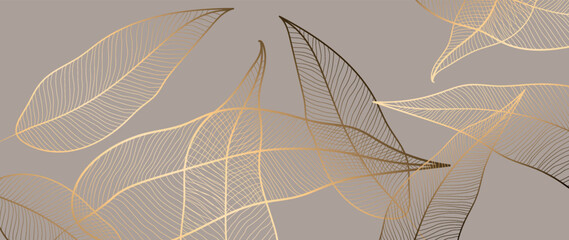 Vector background with golden tropical leaves on a brown background. Golden texture and earthy colors. Art deco for background, cover, banner.