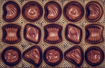 Box Milk Chocolates top view. Box with delicious chocolate candies