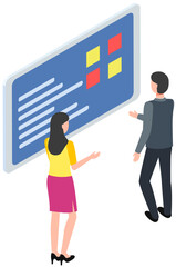 Fototapeta premium People during meeting, instruction, education, business training. Teamwork, presentation in office. Working in analytics, cooperation and team brainstorming. Colleagues work with data and information