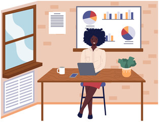 Workplace of african woman working from office. Employee using laptop computer for project creation. Brainstorming lady at workspace vector illustration. Dark-skinned girl during work with technology