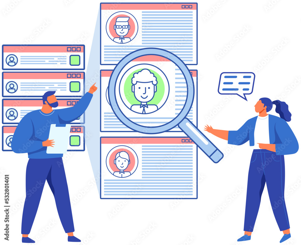 Poster people looking at user profiles in social network. colleagues with magnifier analyse list of virtual