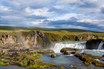 Sunset Rainbow at godafoss waterfall in Iceland