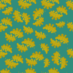 Fototapeta na wymiar Autumn seamless pattern with cozy pumpkins and seasonal elements on a green background.Hand drawn autumn pumpkins. Texture for scrapbooking, wrapping paper, invitations.