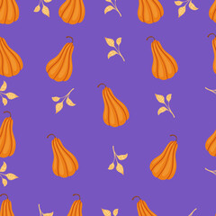 Autumn seamless pattern with cozy pumpkins and seasonal elements on a purple background.Hand drawn autumn pumpkins. Texture for scrapbooking, wrapping paper, invitations.