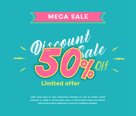 Mega sale special offer 50% discount on turquoise background