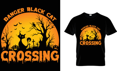 danger black cat crossing  halloween t shirt design template