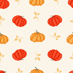 Autumn seamless pattern with cozy pumpkins and seasonal elements on white background.Hand drawn autumn pumpkins. Texture for scrapbooking, wrapping paper, invitations.