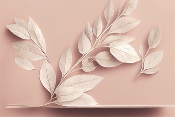 White podium with branch of leaves and arch to show cosmetic products Beige color background for branding and packaging presentation , anime style - obrazy, fototapety, plakaty