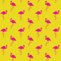 Fototapeta na wymiar Flamingo seamless pattern. Pink flamingo on bright yellow background 
