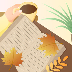 The girl with book and cup of coffee. Atumn atmosphere