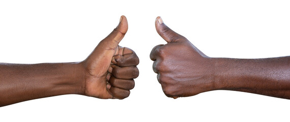 Closeup of male hand showing thumbs up sign against white background
