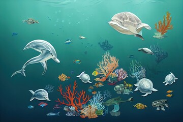 Obraz na płótnie Canvas Let's save our oceans. World oceans day design with underwater ocean, dolphin, coral, sea plants, and turtle