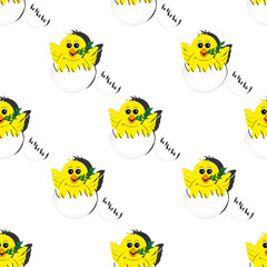 Seamless pattern with cute chicken with wings in a shell with olive branch. Background with a hatched chicken. Vector illustration with funny yellow domestic birds.