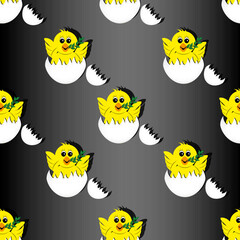 Seamless pattern with cute chicken with wings in a shell and olive branch on style black background. Backdrop with a hatched chicken. Vector illustration with funny yellow domestic birds.