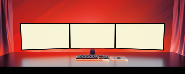 Game room computer desktop with red lights on the background, 3 monitor white screen mockup, gaming keyboard. 3d rendering illustration