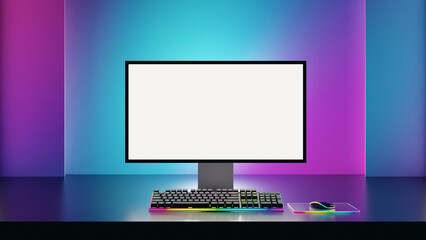 Game computer desktop with blue purple lights on the background, Modern PC computer white screen mockup, gaming keyboard. 3d rendering illustration