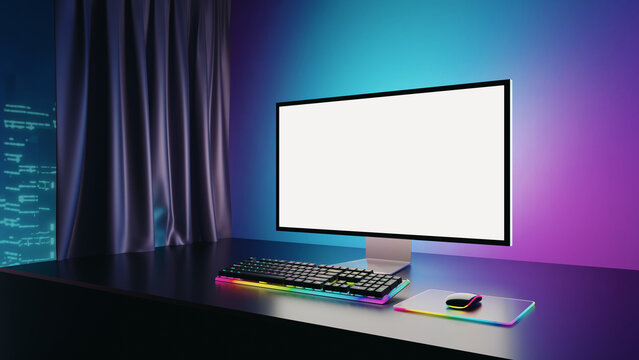 Game room computer desktop with blue pink lights on the background, Modern PC computer white screen mockup, gaming keyboard. 3d rendering illustration