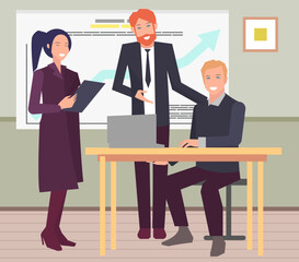 Company staff cooperation, business project planning. Coworkers, business people at workplace. Colleagues discussing, communicating in workstation. Office work, partnership, brainstorming concept