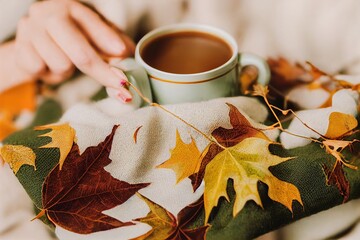 Floral autumn background A mug of coffee in a woman's hand in a sweater on the green background with yellow falling leaves maple and cones Hello autumn Flat lay instagram fashion drink composition , a