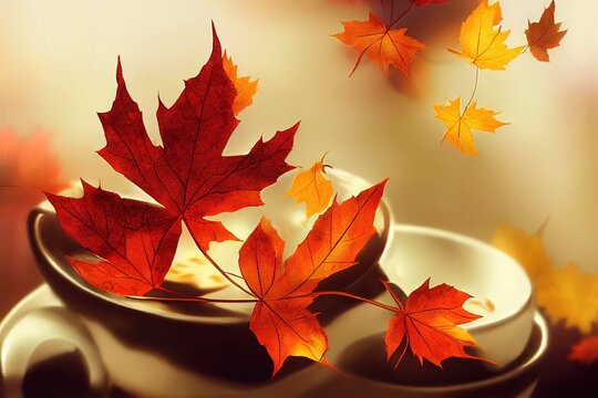 cup of coffee on the background of autumn maple leaves, autumn mood, autumn toned images , anime style