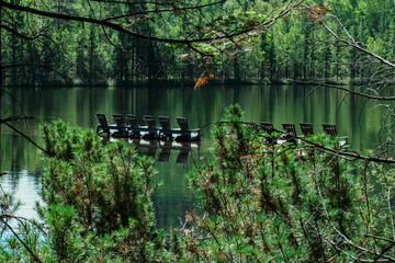 Sun beds in the tourist area on the lake