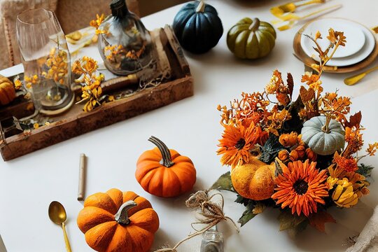 Diy rustic autumn table decoration Floral interior decor for fall holidays with handmade pumpkins Flatlay, top view , anime style