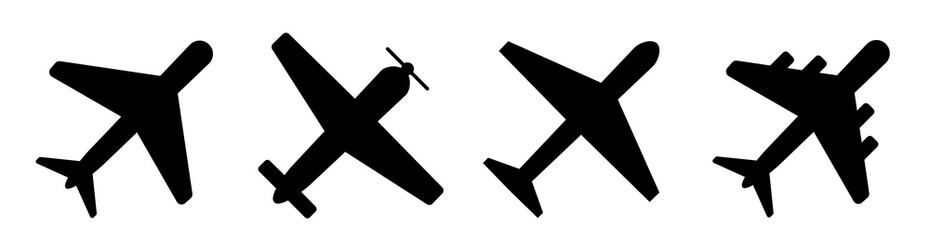 Obraz premium Plane icon set. Aircraft top view icon set. Set of black silhouette airplanes, jets, airliners and retro planes icons. Airplane, airport, aircraft icon set. Travel illustration. 