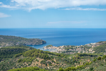 Fototapeta na wymiar Panoramic view of the port of Soller (Spain) from the viewpoint of Ses Barques in summer