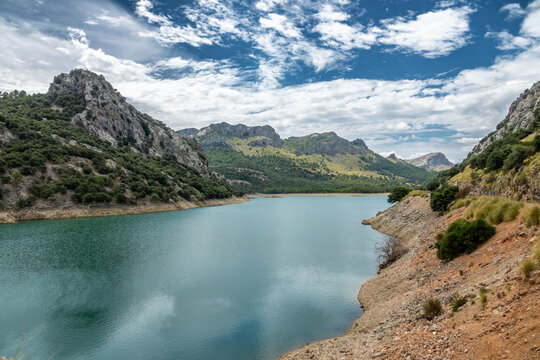 Panoramic view of the Gorg Blau reservoir in Mallorca (Spain) one summer morning