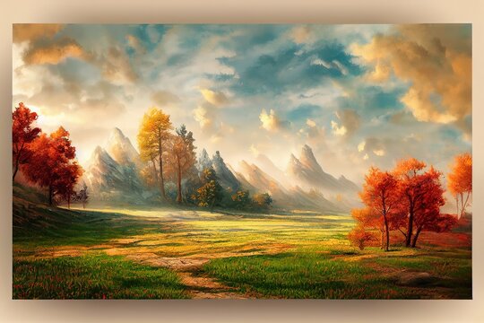 Hand painted landscape Beautiful artistic background for creative design projects posters, banners, cards, websites, books, magazines, prints, wallpapers Acrylic on cardboard Raster image , anime sty