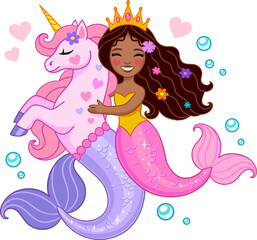 Cartoon unicorn and cute princess mermaid with dark skin tone. Vector illustration isolated