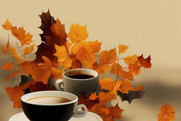 Autumn composition with cup of coffee on grey background , anime style
