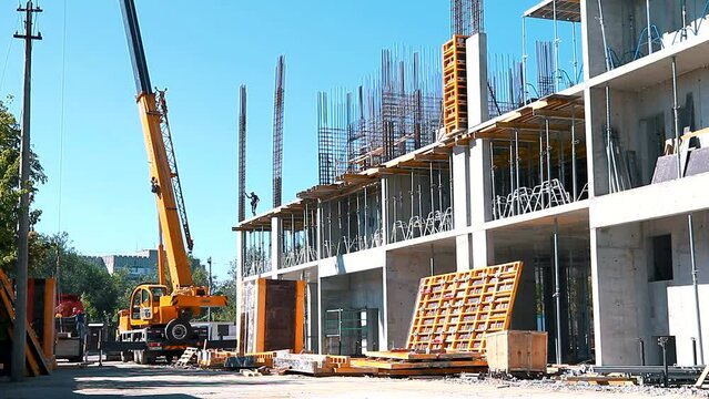 The process of creating a floor. Formwork flooring. Interior of a building under construction. Formwork rack
