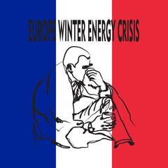  Hand drawn illustration of a cold person on a France flag background, with the inscription winter european energy crisis. perfect for posters