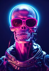 Obraz na płótnie Canvas Portrait of a cyberpunk zombie skeleton from hell with fancy sunglasses. Halloween Concept. 3D rendering.