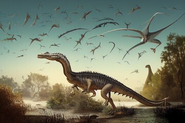 Ancient dinosaurs, pterosaurs, ichthyosaurs, ancient crocodiles and so on. High quality illustration