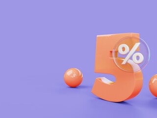 Template for advertising design with the number five. 5 percent discount and glass coin with balls. 3d rendering.