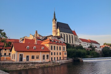 A view to the historical town with church in the middle at Cesky Krumlov, Czech republic