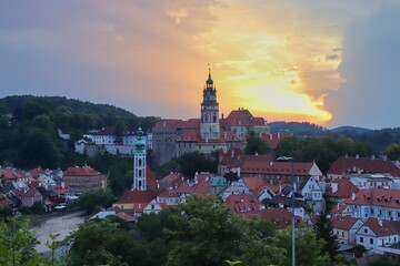A view to the historical town and castle during sunset at Cesky Krumlov, Czech republic