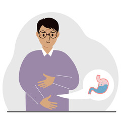 The concept of a healthy stomach. The man holds her stomach with both hands. A healthy stomach or proper digestion.