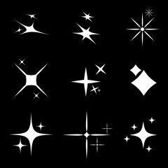 Vector White Stars Icon Set on Black background, modern, Gen z aesthetic