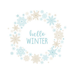 Hello winter. Festive template with a round circle of snowflakes and an inscription.