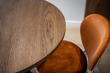 Wooden dining table and chair, selective focus, background