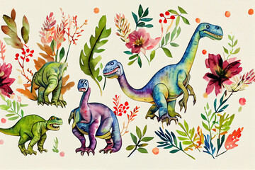 Naklejka premium Watercolor dinosaur hand painted set for fabric design. Floral decoration element. Baby background. Nature backdrop. Watercolor spills of animals. , anime style
